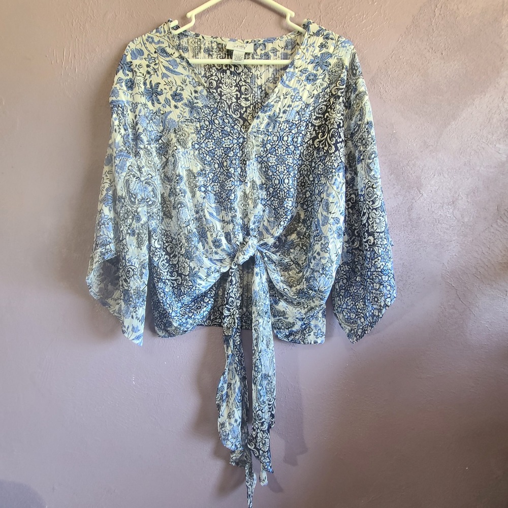 Just Polly Tie Front Blouse Women Large Blue Floral Paisley V-Neck Kimono Sleeve